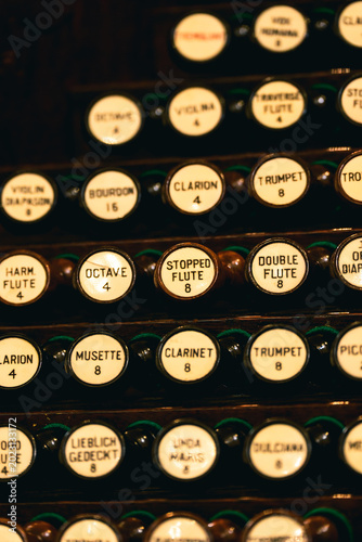 Fotografija Close-up shot of the keyboard of Boston Emmanuel Casavant Opus 700 pipe organ inside Xiamen Gulangyu Pipe Organ Art Center, showing delicate musical details