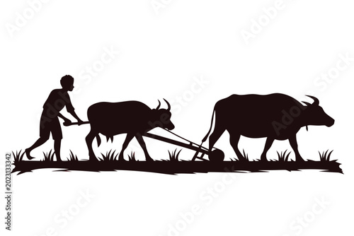 Obraz na plátně a black silhouette of a farmer plowing a field wit (1)
