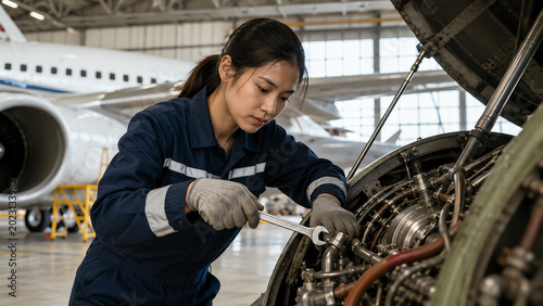 A skilled mechanic repairing an aircraft engine with precision in a modern hangar environment.