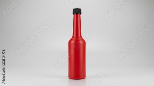 Red Tall Slim Plastic Bottle for Fuel Injector Cleaner and Gas Treatment, Blank Mockup for Automotive Fuel Additive Fluid Product Packaging