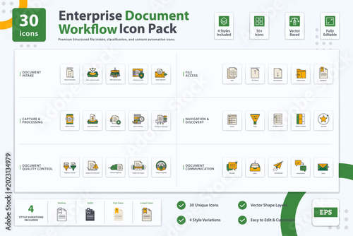 Enterprise Document Workflow Flat Line Icons Pack