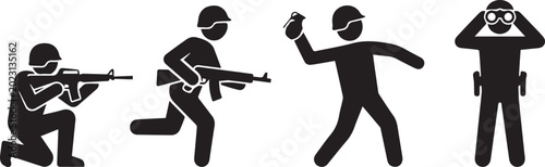 Bild auf Leinwand Soldier Icon Set: Military Silhouette Figures in Combat Actions