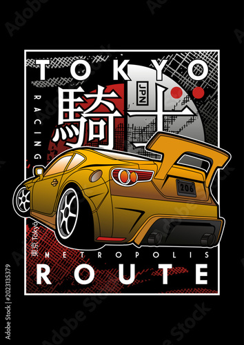 Modern sport car in tokyo neon street japanese style vector