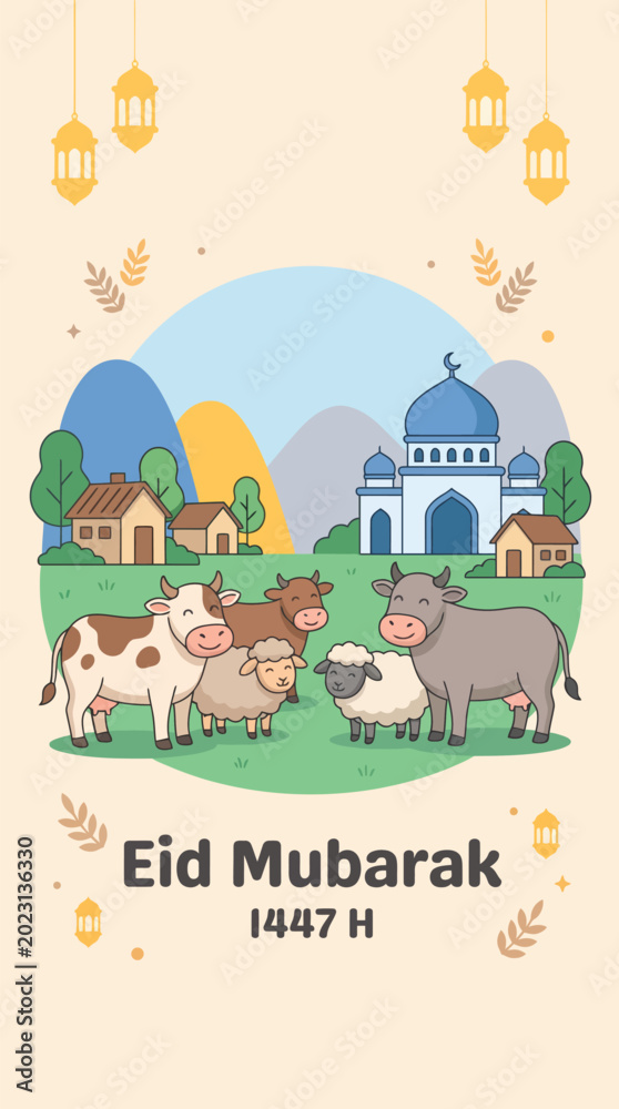 Naklejka premium Cartoon illustration for Eid Mubarak 1447 H featuring a mosque, houses, mountains, cows, and sheep in a festive setting with lanterns.