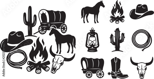 Western Cowboy Icons and Symbols in Black Silhouette