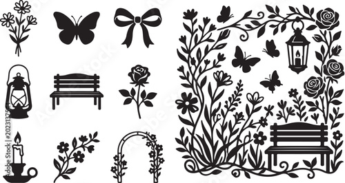 Whimsical garden icons and floral illustrations set