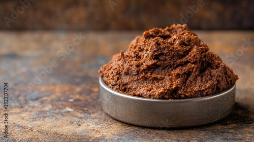 Spicy brown paste in bowl, rustic background, food photography, recipe