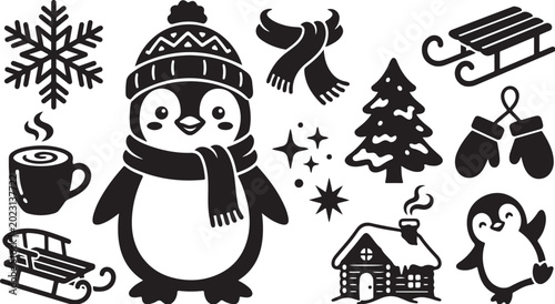 Winter Wonderland Penguin in Black and White Illustration