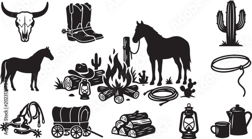 Western Cowboy Silhouette Icons and Symbols Collection