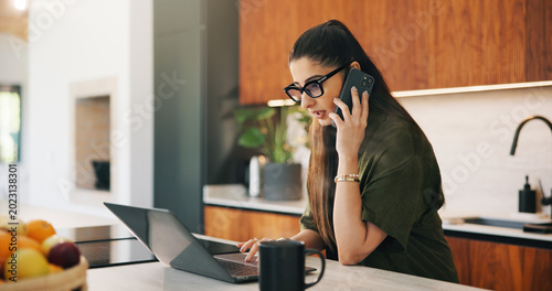 Foto Remote work, phone call or woman with laptop, editor feedback or novel review in home