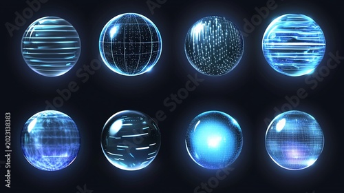 Glowing data spheres, digital background, futuristic design, UI elements