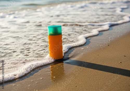 Sunscreen bottle on a sandy beach with gentle waves washing ashore