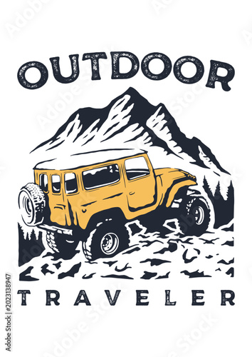 Offroad 4x4 vehicle in the mountains outdoor traveler vintage illustration