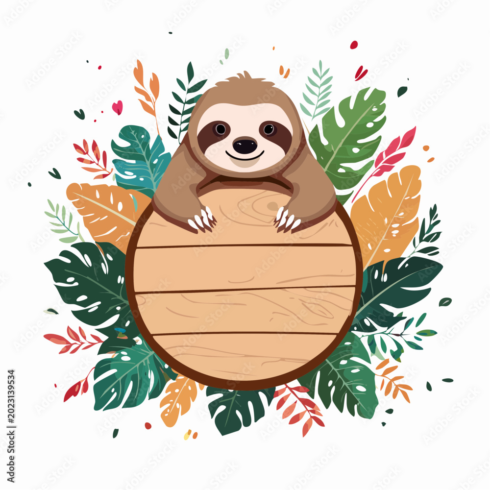 Fototapeta premium Cute Sloth with Tropical Leaves and Wooden Sign