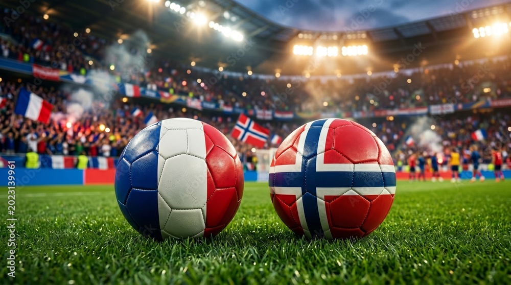 Fototapeta premium Two Soccer Balls with France and Norway National Flags on Green Grass Pitch of a Packed Stadium Before a Football Match