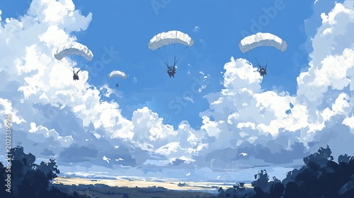 Skydivers descend over cloudscape, sunny day