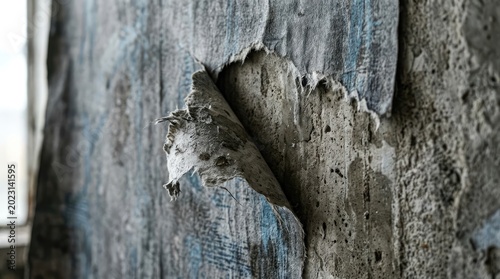 Close-up view of peeling blue paint on a worn concrete wall surface