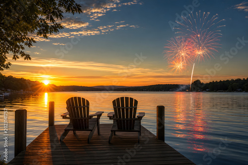 Lakeside Sunset Dock With Empty Chairs And Fireworks