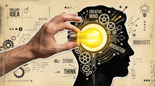 A hand holds a glowing light bulb next to a silhouette of a head filled with gears and words related to creativity and innovation on a background with technical drawings.