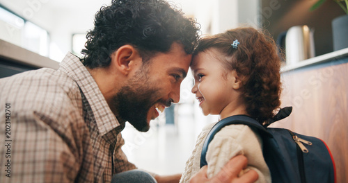 Photos Education, dad and child with backpack in house, laughing and getting ready for first day of school