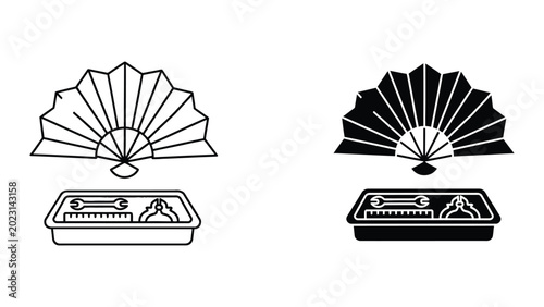 Vector illustration of hand fans and storage cases with minimalist line art design