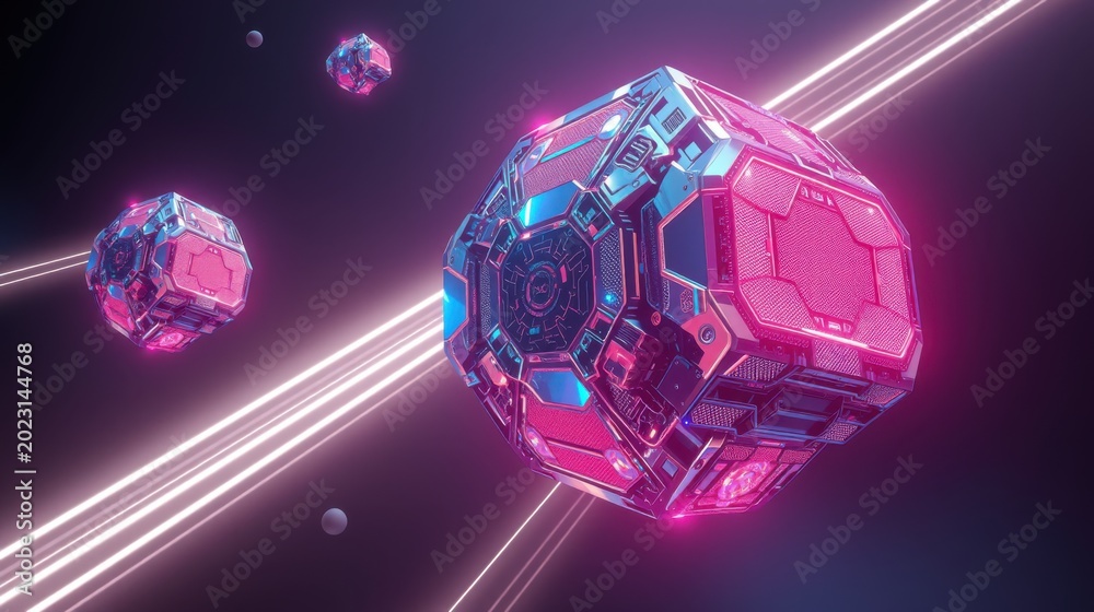 Fototapeta premium Futuristic polyhedral objects float amid bright streaks, distant planets visible. Neon illumination highlights complex geometric designs.