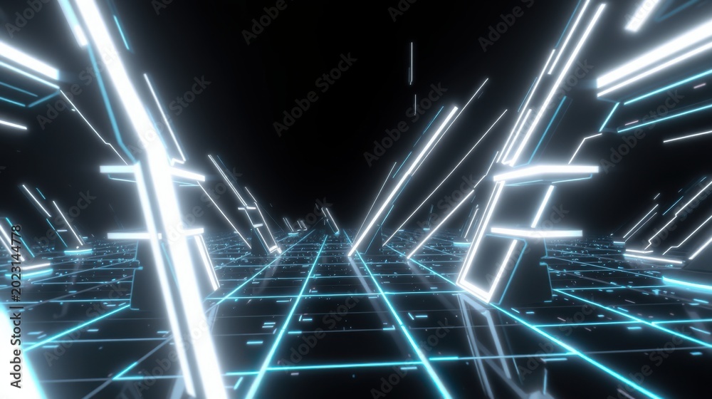 Fototapeta premium Futuristic digital landscape. Glowing lines create tunnel effect, dark background emphasizes bright geometry. Abstract, vibrant, immersive scene.