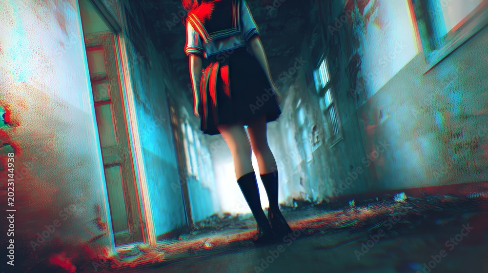 Obraz premium Creepy anime girl in school uniform standing in haunted deserted school, dark eerie atmosphere, dramatic lighting, horror manga style, animated wallpaper