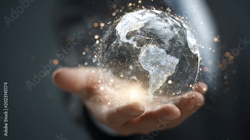 Pair of hands holding a transparent globe with digital connections and nodes superimposed over it, representing a network, global communication