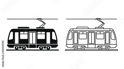 Фотография tramcar silhouette set black and white outline illustration on white background