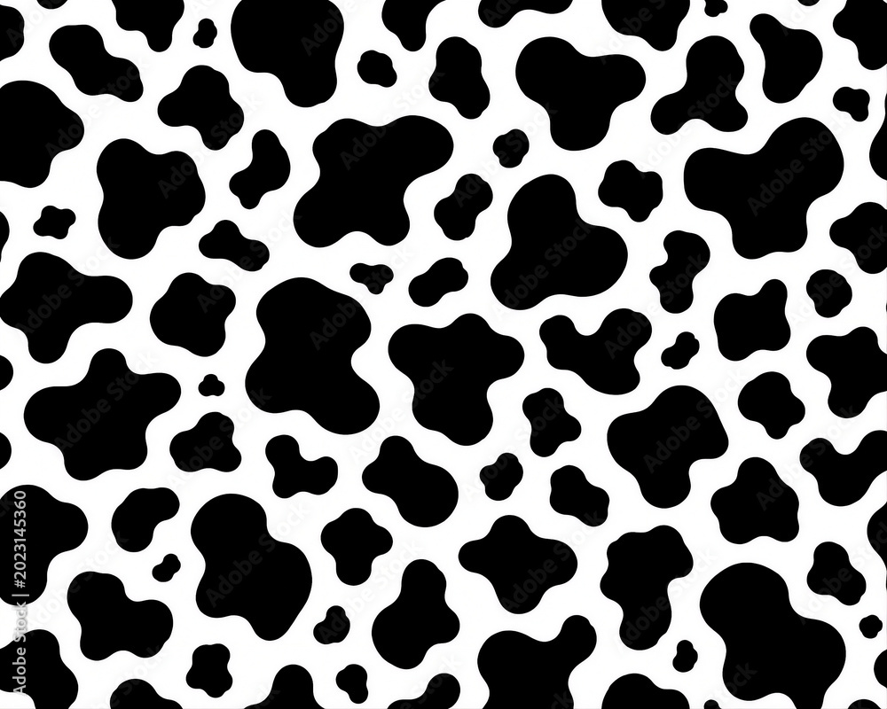 Fototapeta premium Black and white cowhide animal print pattern with irregular spots for seamless textile fabric and abstract background 