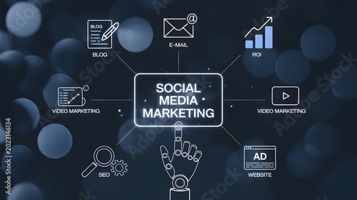 A robotic hand points to social media marketing icons on a dark background with blue bokeh lights