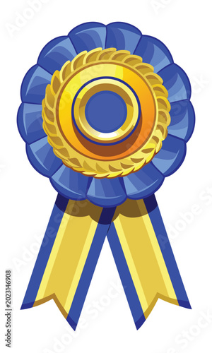 golden and blue award ribbon badge with laurel wreath vector illustration isolated