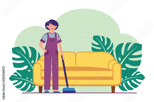 young woman cleaning yellow sofa with vacuum in bright living room with tropical leaves illustration
