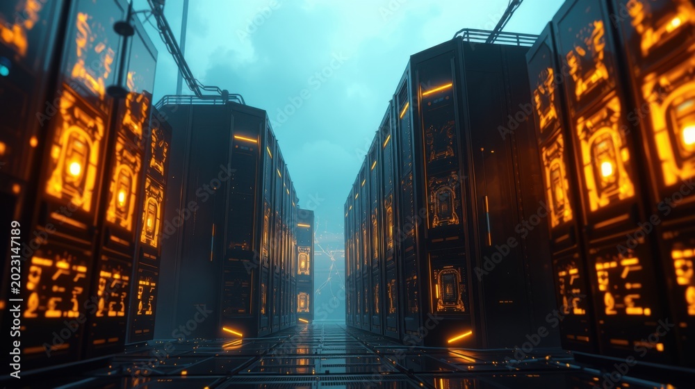 Obraz premium Futuristic server room. Rows servers glow orange, blue light illuminates sleek metallic structures. Dark, dramatic perspective.