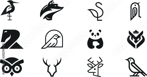 Black and white animal and sport icon set vector illustration