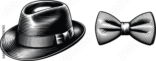Vintage gentleman accessories engraving illustration with classic fedora hat and bow tie vector isolated elegant design artwork