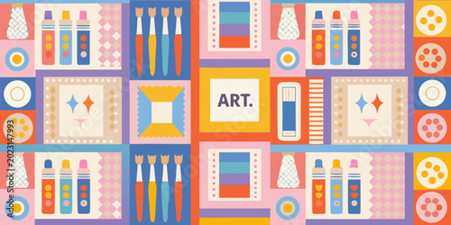 art supplies pattern colorful grid with paintbrushes and crayons