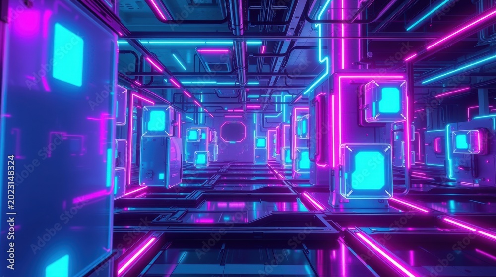 Fototapeta premium Futuristic corridor. Neon lights illuminate metallic walls, creating endless reflections. Complex circuitry defines space.
