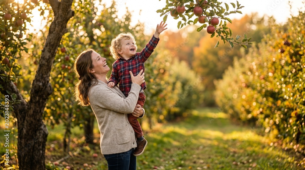 Fototapeta premium Smiling mother helps her happy son pick fresh apples in a sunny autumn orchard.