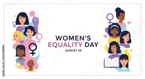 Women's Equality Day Celebration with Diverse Female Portraits and Feminist Symbols