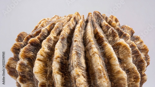 apportionment. Close-up of a mammoth molar fossil with distinct ridges and texture. STEM education sheets, lab safety posters, designed for biotech research communications, used by ui designers.