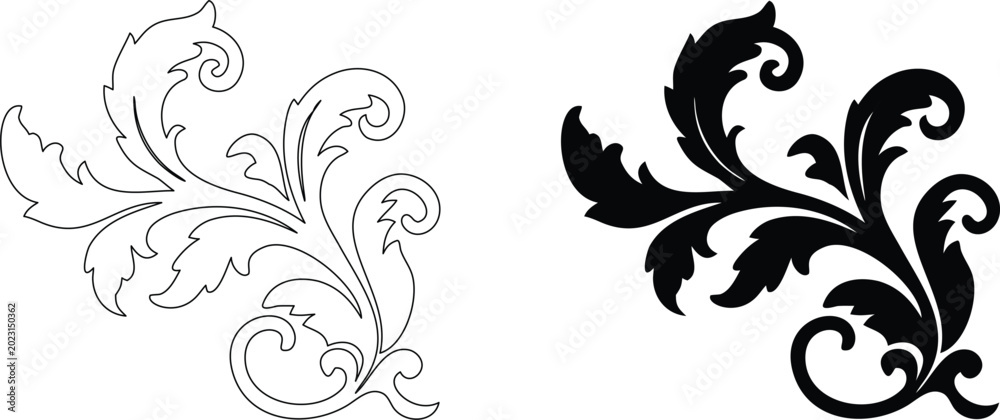 Fototapeta premium Abstract ornate floral element or baroque scrollwork black color outline and solid style vector.