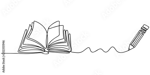 Obraz na płótnie open book and a pencil continuous one line drawing, Pencil drawing or writing in copybook, or notebook