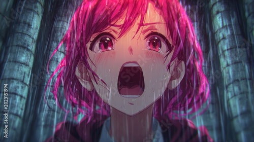 Frightened anime girl screaming with pink hair blowing in rain, gothic columns background, vibrant colors, dramatic animated wallpaper