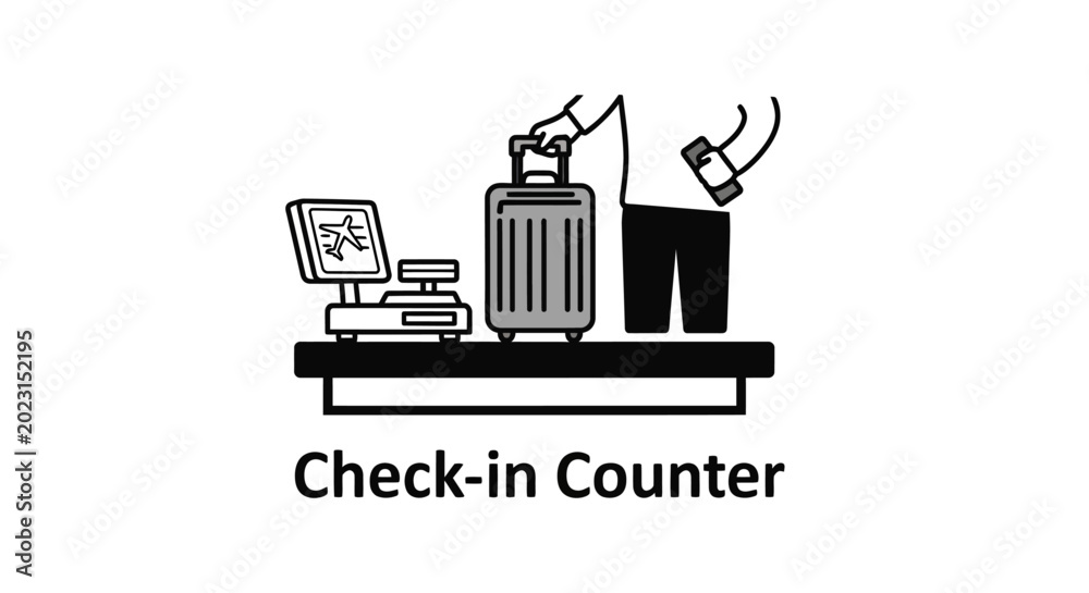 Fototapeta premium A check-in counter with luggage and a computer.