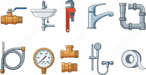 Foto Plumbing tools and bathroom fixtures icon set with faucet, sink, pipe, valve, ga
