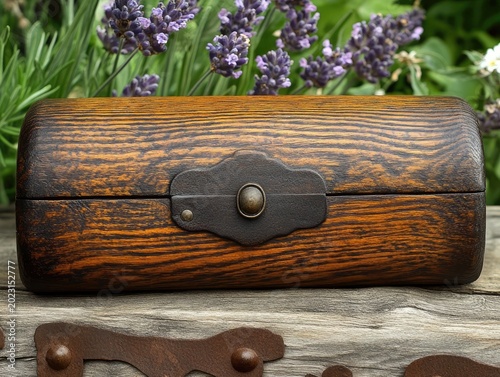 Rustic wooden box with dark metal clasp rests on weathered wood. Use for product placement, background textures, or antique themes.