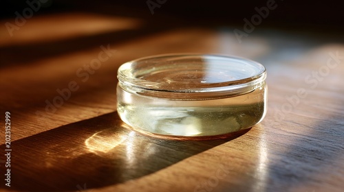 substance. A gelatinous, opaque disk floating in a clear glass jar on a wooden table. STEM education sheets, lab safety posters, designed for STEM education and laboratory safety posters.
