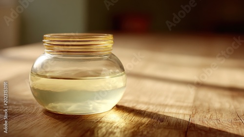 substance. A gelatinous, opaque disk floating in a clear glass jar on a wooden table. STEM education sheets, lab safety posters, designed for STEM education and laboratory safety posters.